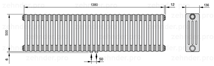 Схема (чертеж) Радиатор Zehnder Charleston 4050/30 №3470 Белый глянцевый RAL 9016